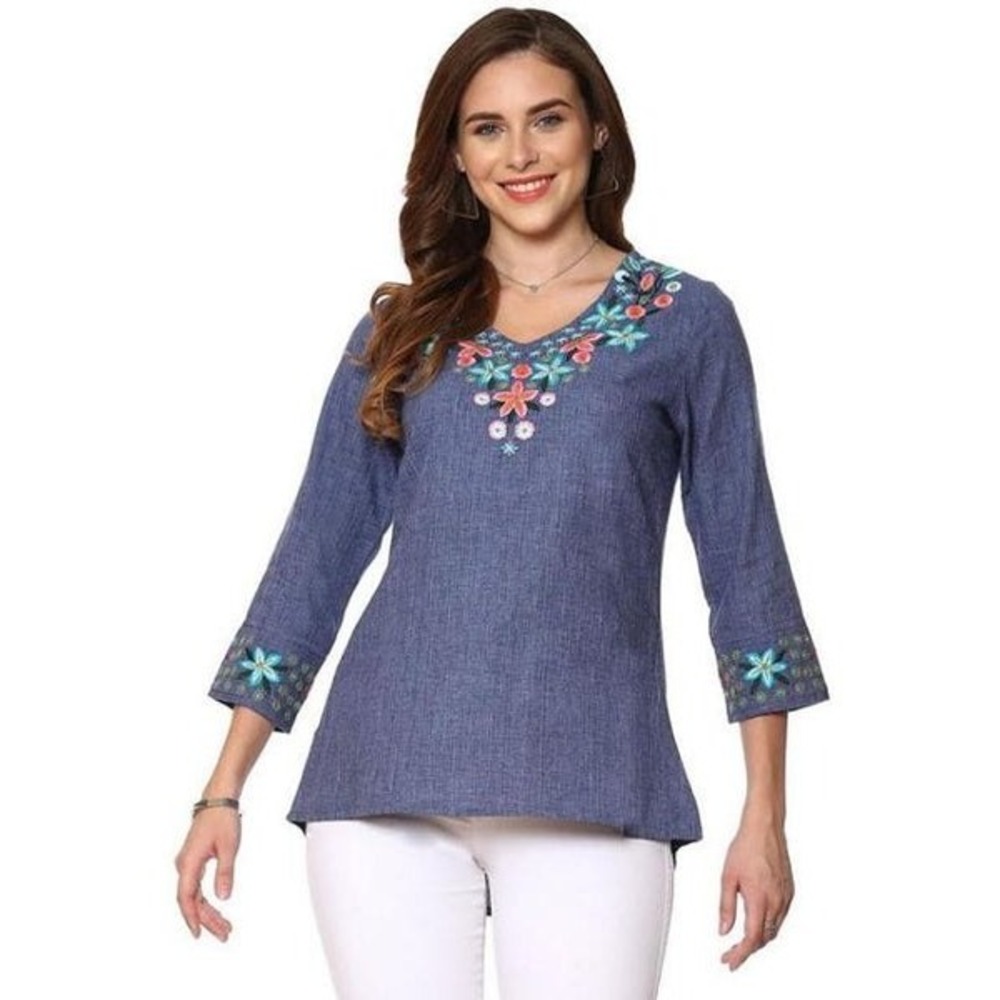 Parsley & Sage Embroidered Tunic L Blue Floral Cotton V-Neck 3/4 Sleeve Peasant